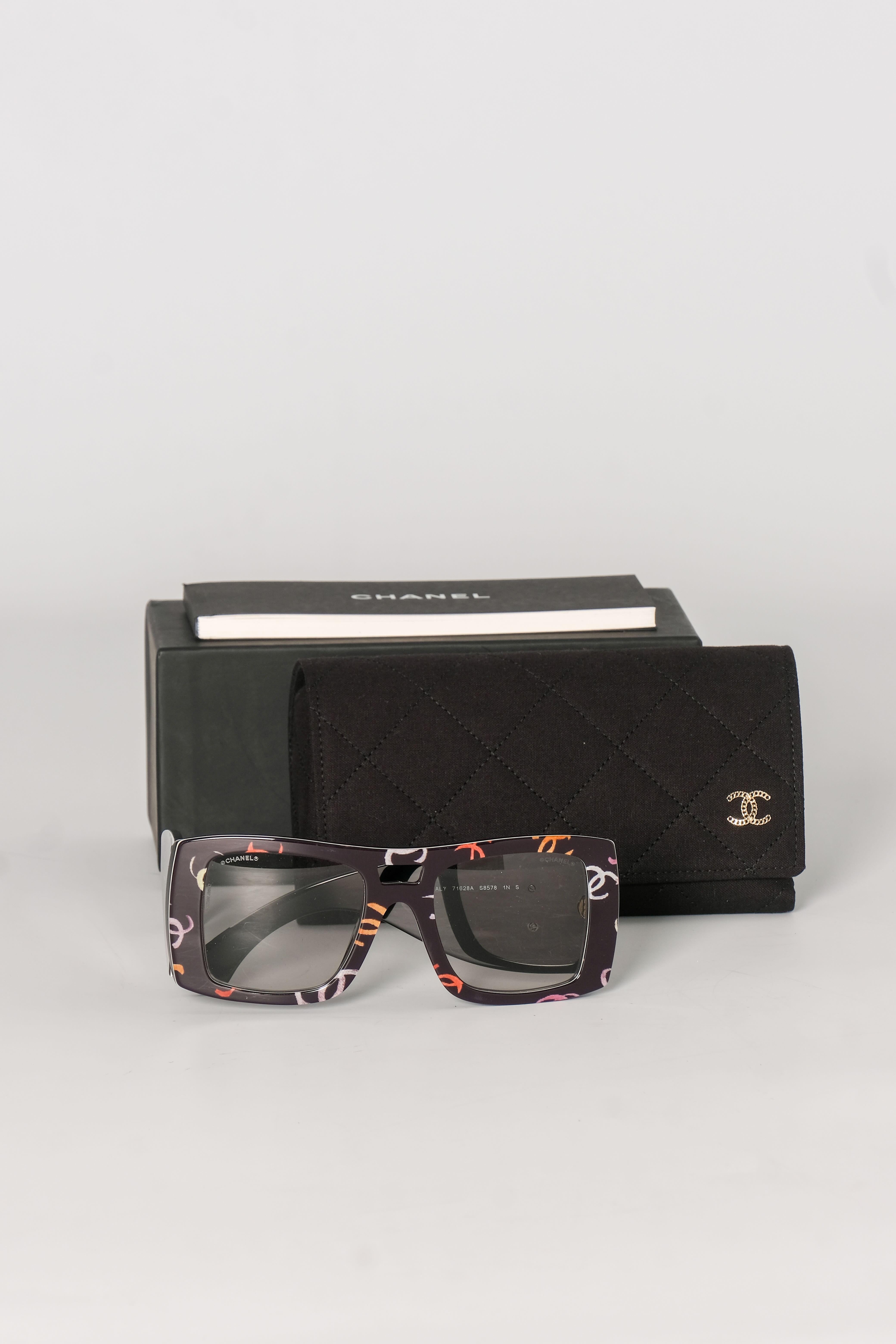 Gray Chanel Acetate CC Multicolored Logos Square Sunglasses For Sale