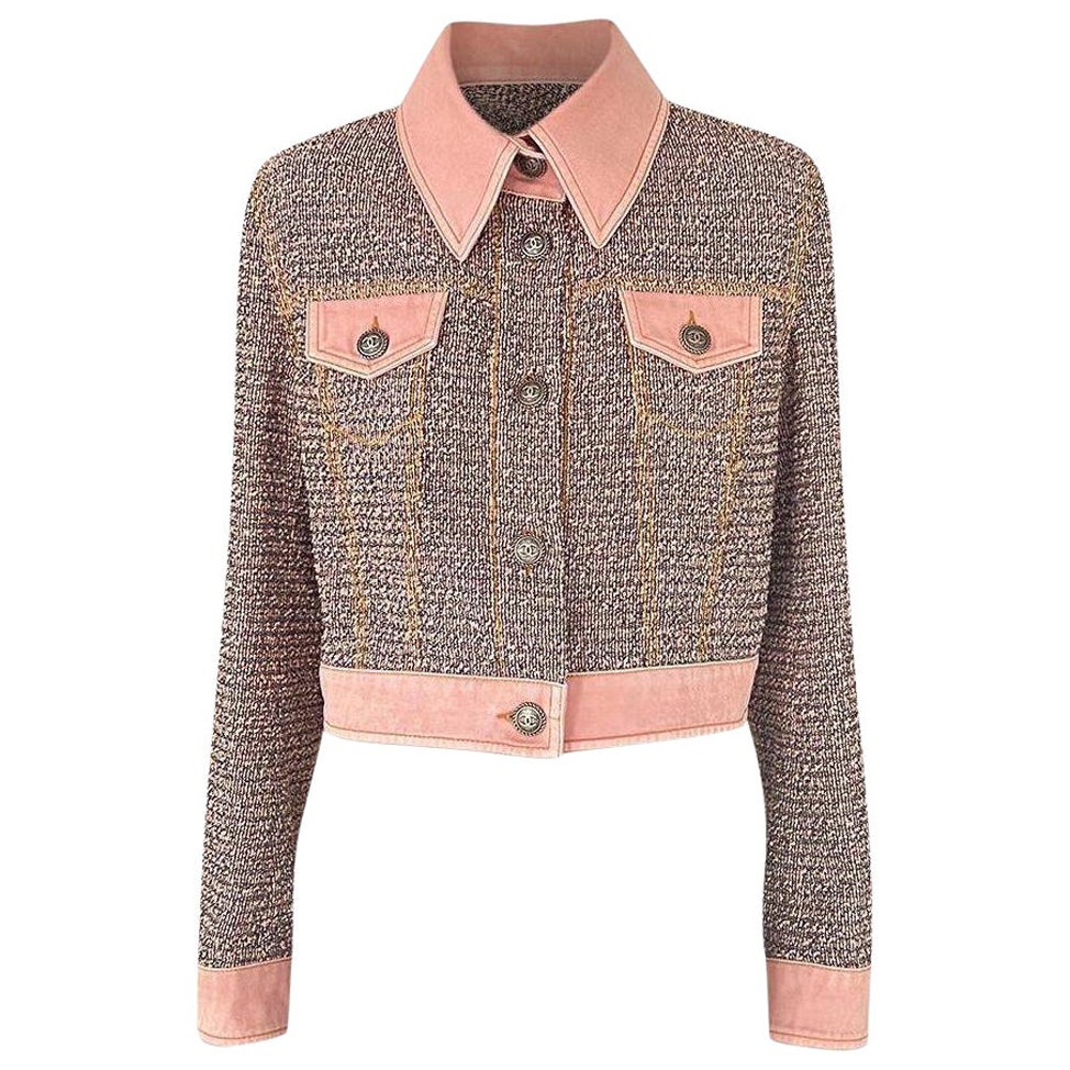 Chanel Werbekampagne Pastellrosa Tweed- und Denim-Jacke aus Tweed und Denim 38 FR im Angebot