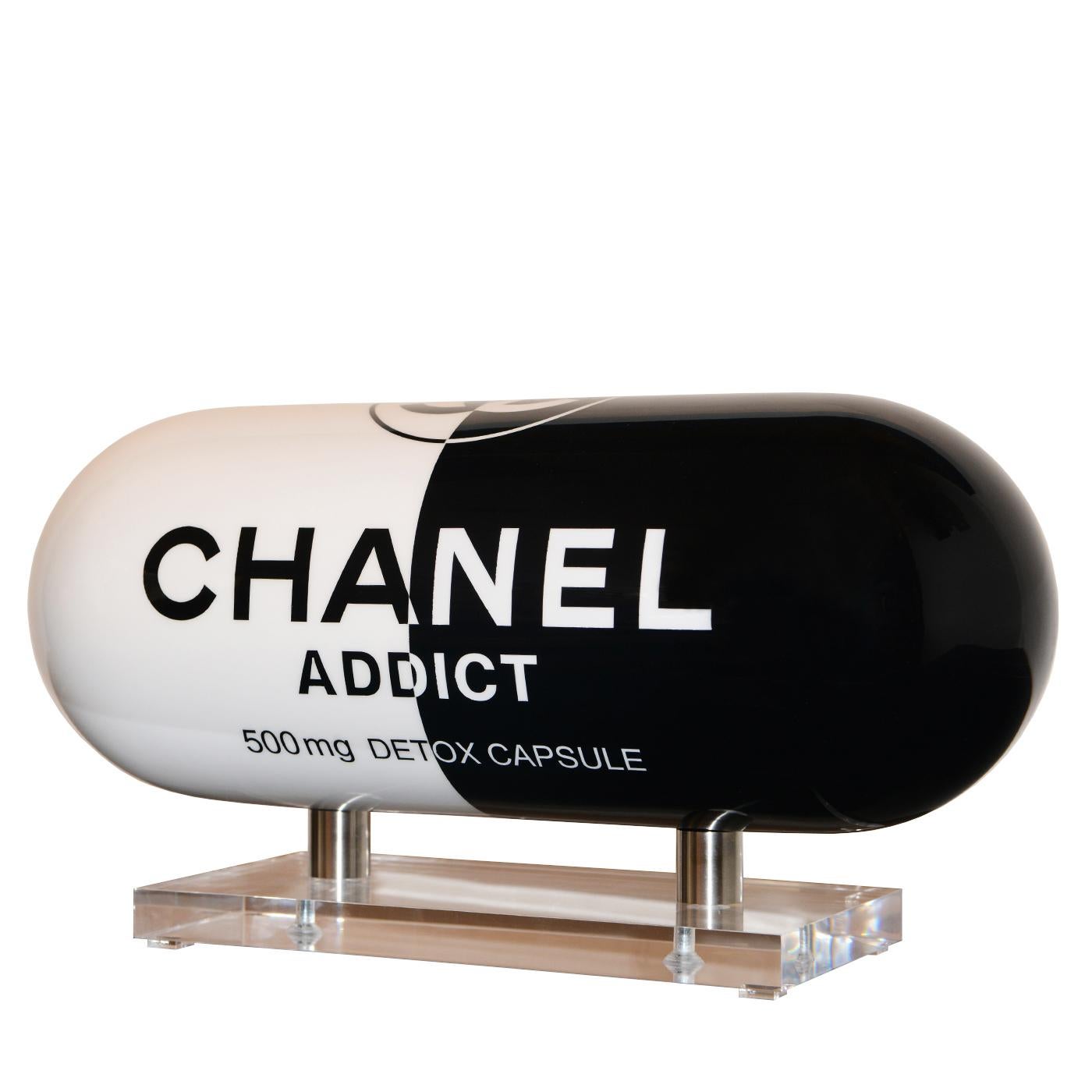 Lacquered Chanel Addict Black & White Pill Sculpture For Sale