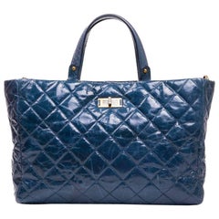 chanel blue tote Chanel Aged Blue Quilted Leather Tote Bag