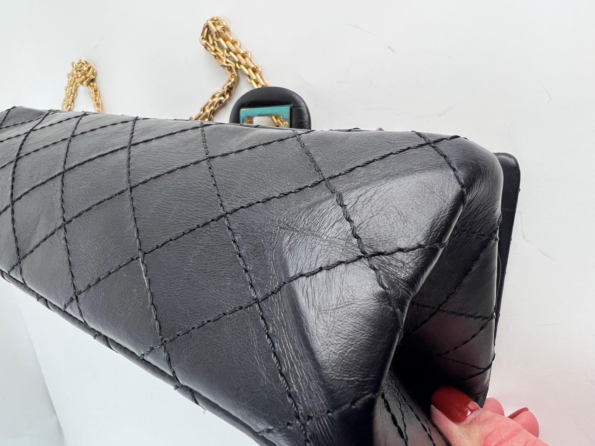 Chanel Aged Calfskin Quilted Casino 2.55 Reissue 225 Flap Black Shoulder Bag For Sale 8