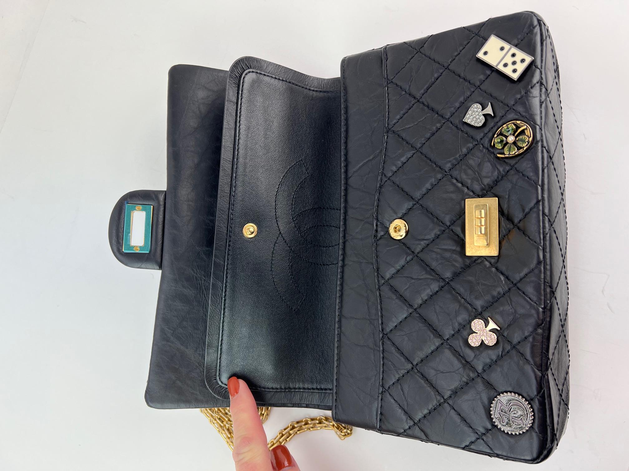 Chanel Aged Calfskin Quilted Casino 2.55 Reissue 225 Flap Black Shoulder Bag For Sale 13