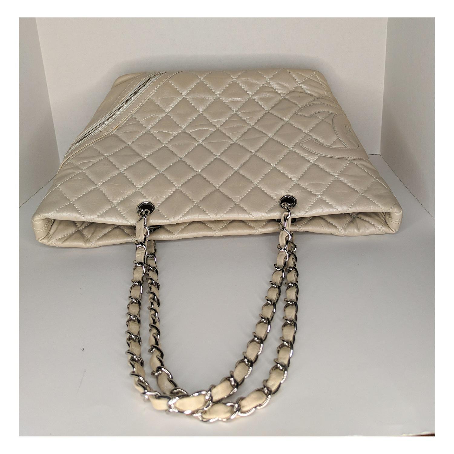 Chanel Aged Calfskin Quilted Cotton Club Tote Pearl at 1stDibs