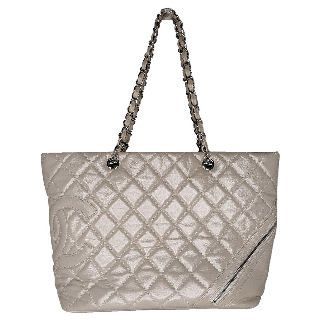 Chanel Aged Calfskin Quilted Cotton Club Tote Pearl