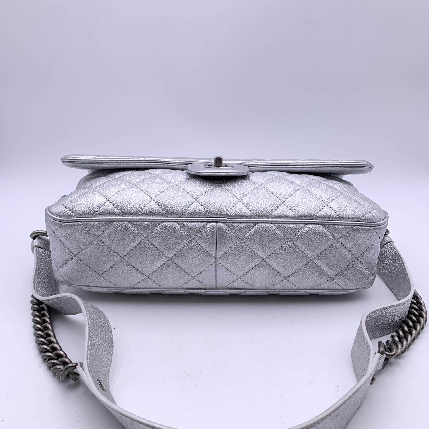 Chanel Airline 2016 Silver Metal Quilted Leather Easy Flap Shoulder Bag 6