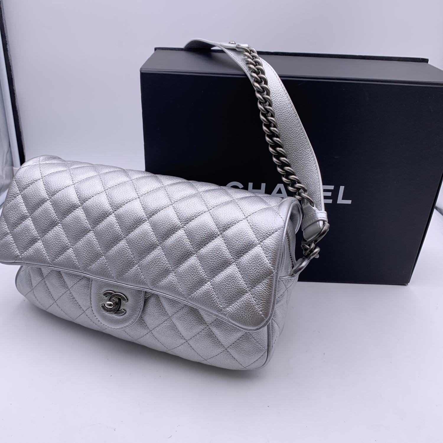 Chanel Airline 2016 Silver Metal Quilted Leather Easy Flap Shoulder Bag 12
