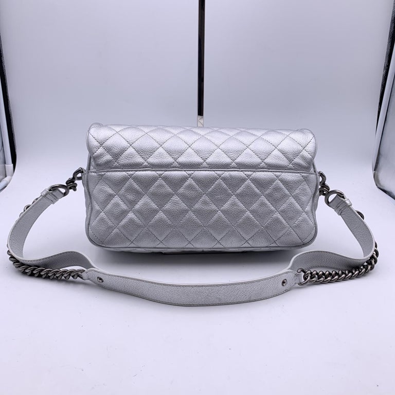 Chanel Airline 2016 Silver Metal Quilted Leather Easy Flap Shoulder Bag