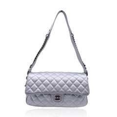 Chanel Airline 2016 Silver Quilted Leather Easy Flap Shoulder Bag