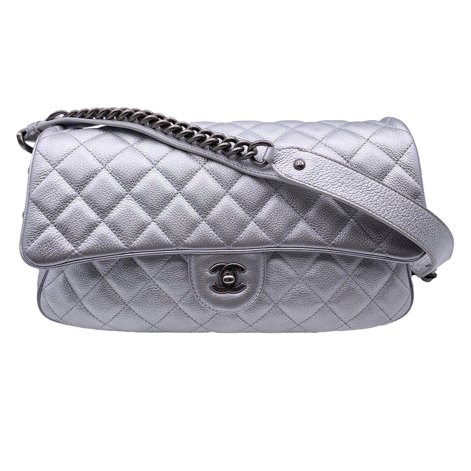 Chanel Airline 2016 Silver Quilted Leather Easy Flap Shoulder Bag