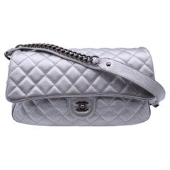 Chanel Airline 2016 Silver Quilted Leather Easy Flap Shoulder Bag