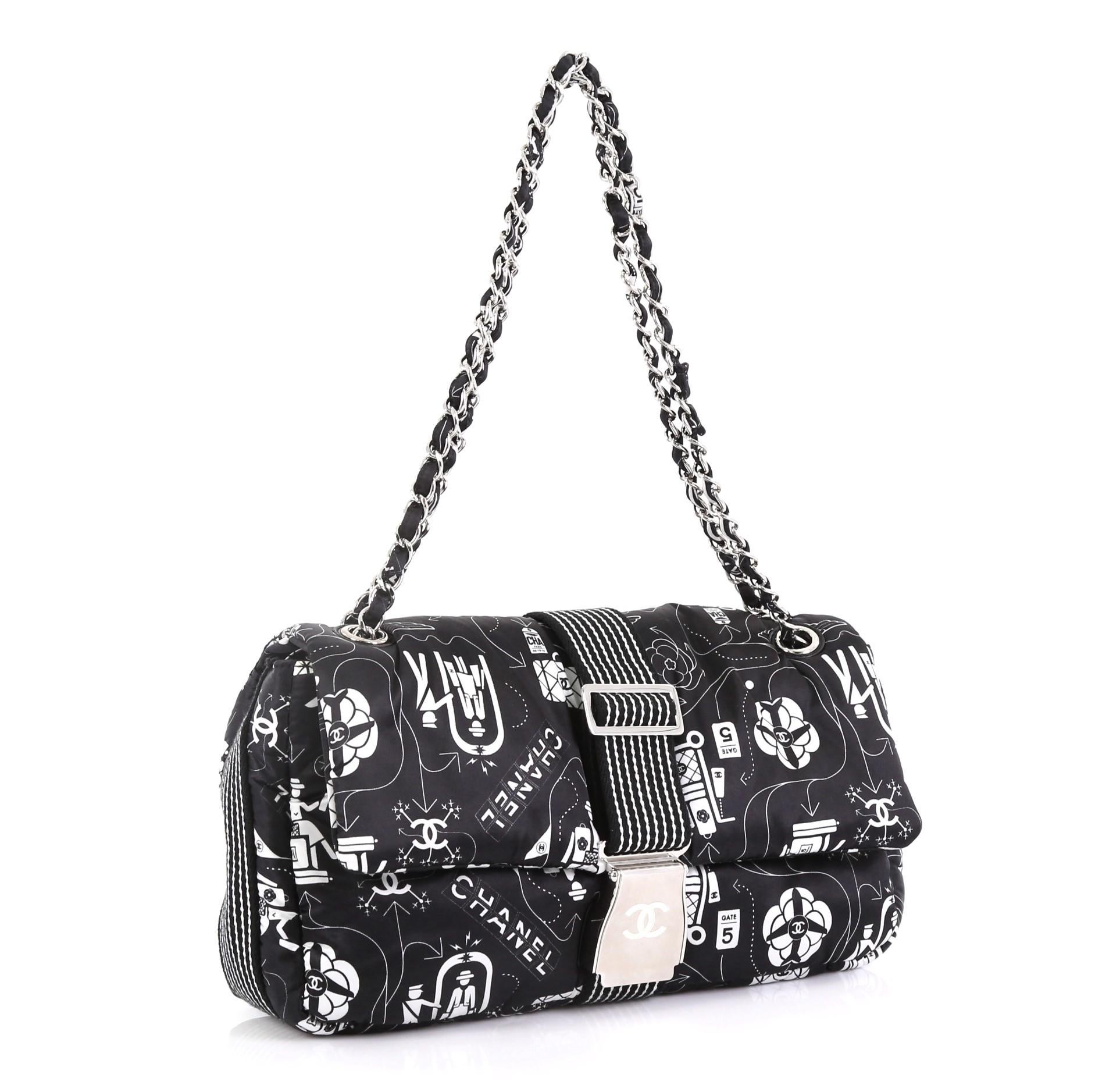 Black  Chanel Airlines Chain Buckle Flap Bag Printed Satin Medium