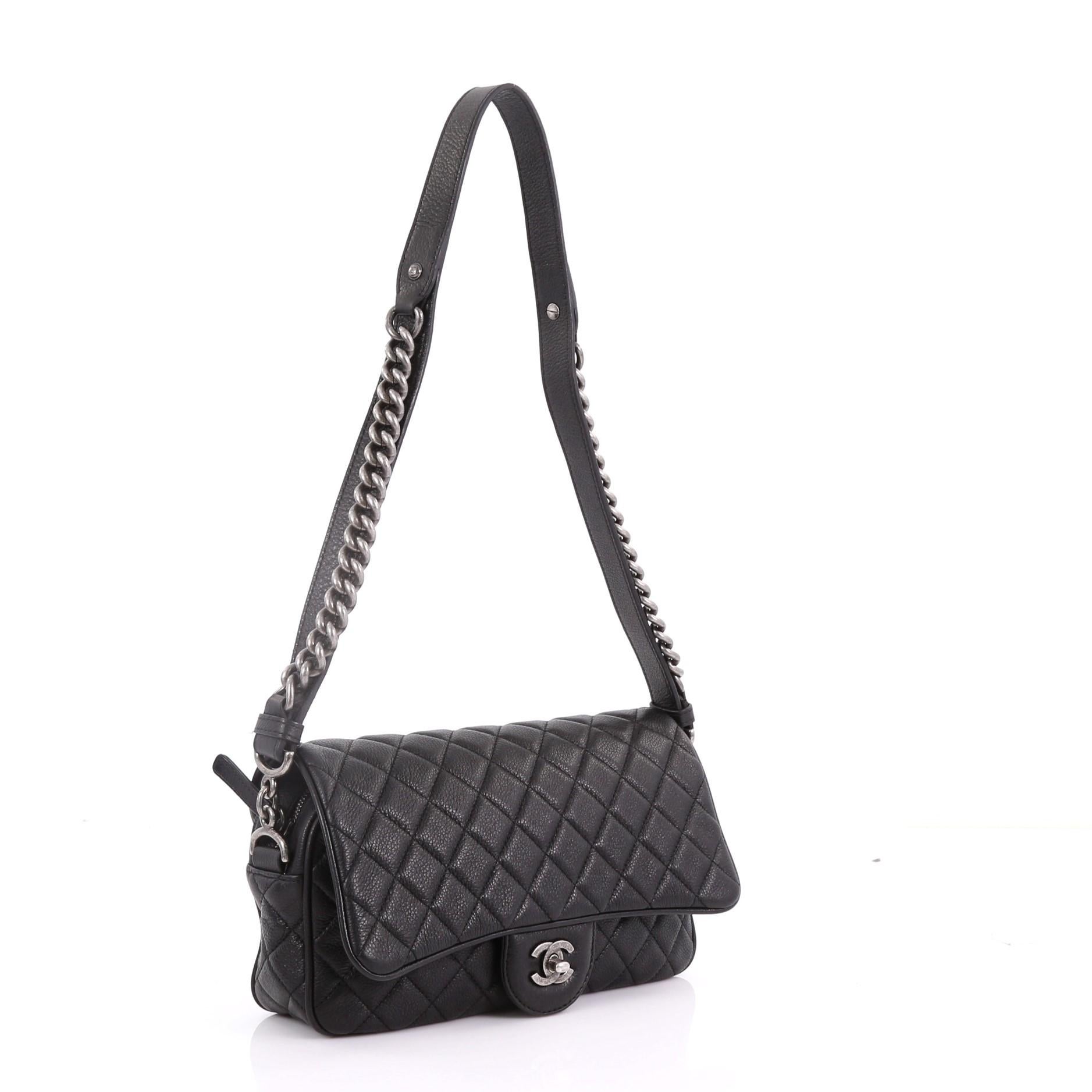 Black Chanel Airlines Chain Flap Bag Quilted Goatskin Small