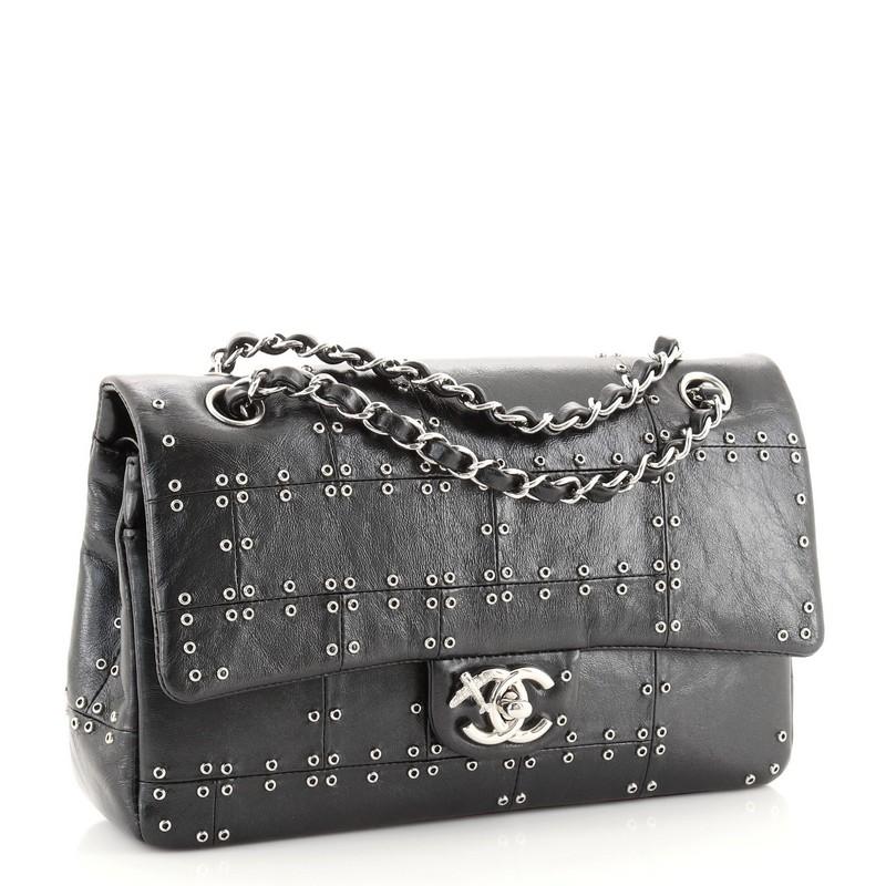 Black Chanel Airlines Classic Double Flap Bag Studded Quilted Glazed Calfskin Medium