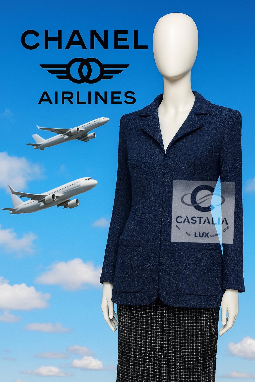 CHANEL Airlines Collection
Midnight Sky Tweed Jacket by Karl Lagerfeld

~ Take flight with elegance ~ For the woman whose journey is her destination ~

This sculpted CHANEL tweed jacket, an emblem of the Airlines Collection envisioned by Karl