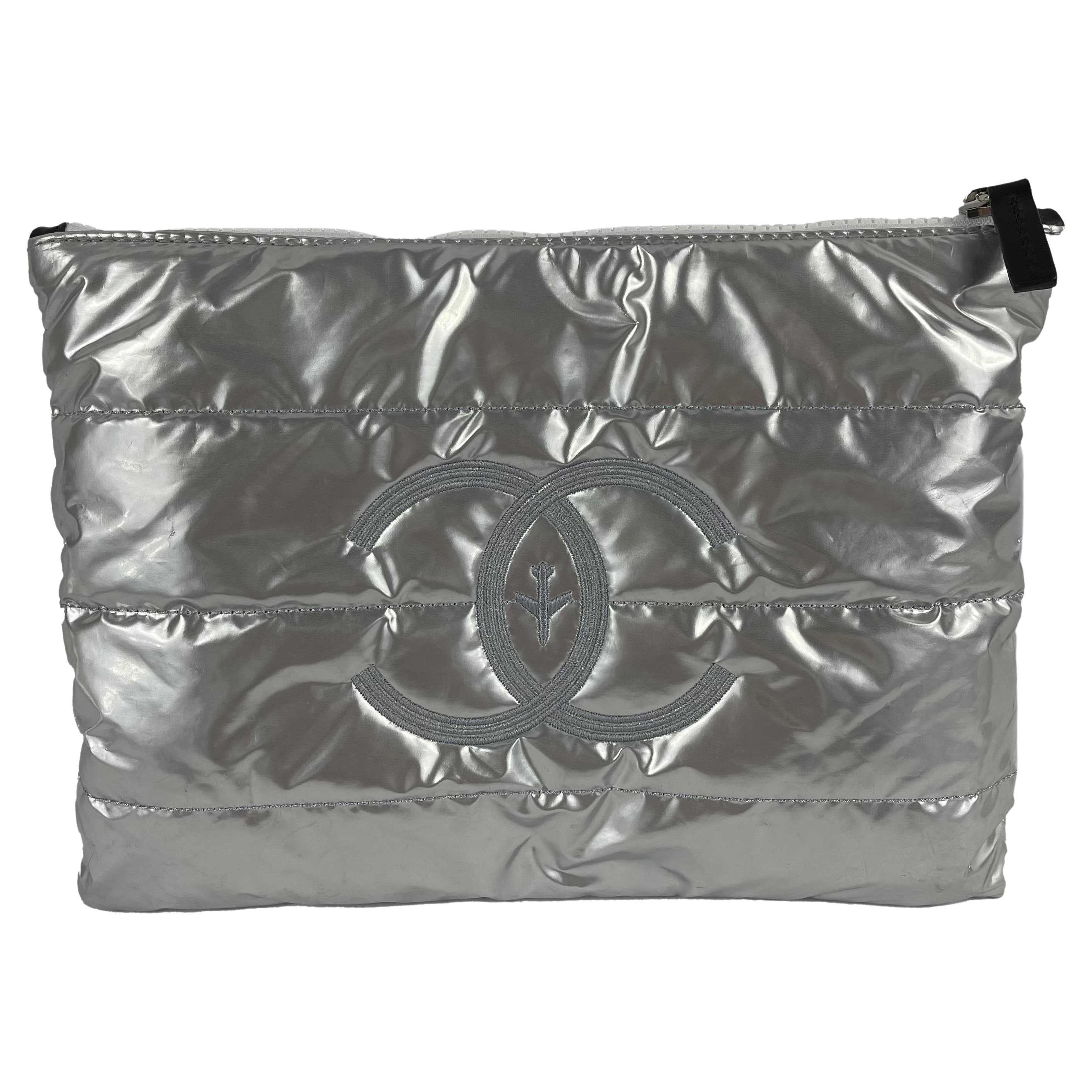 CHANEL Airlines Metallic Silver Puffer Pouch CC Logo / Microfiber