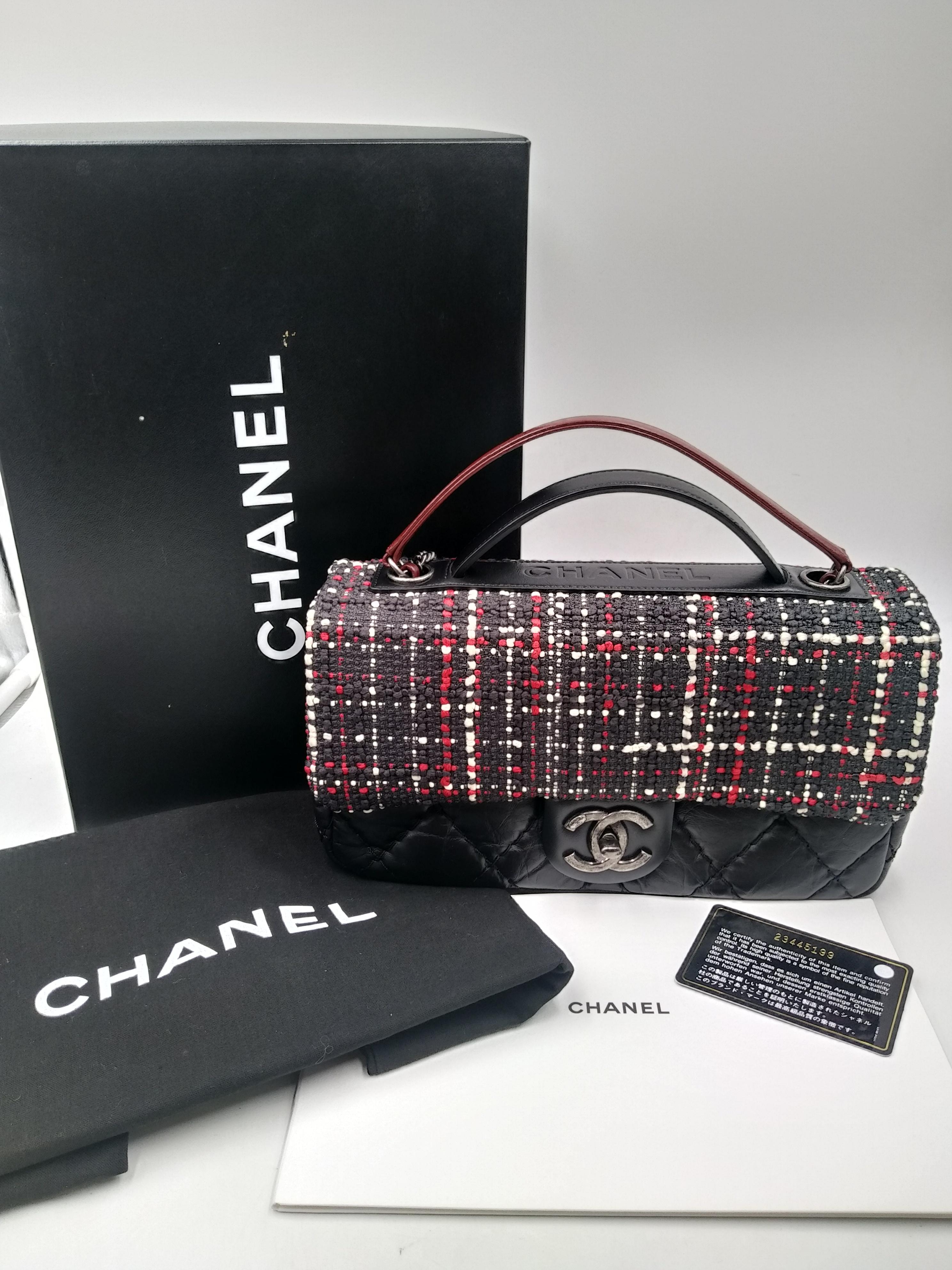 Chanel Airlines Top Handle Flap Bag Tweed and Quilted Aged Calfskin Medium 13