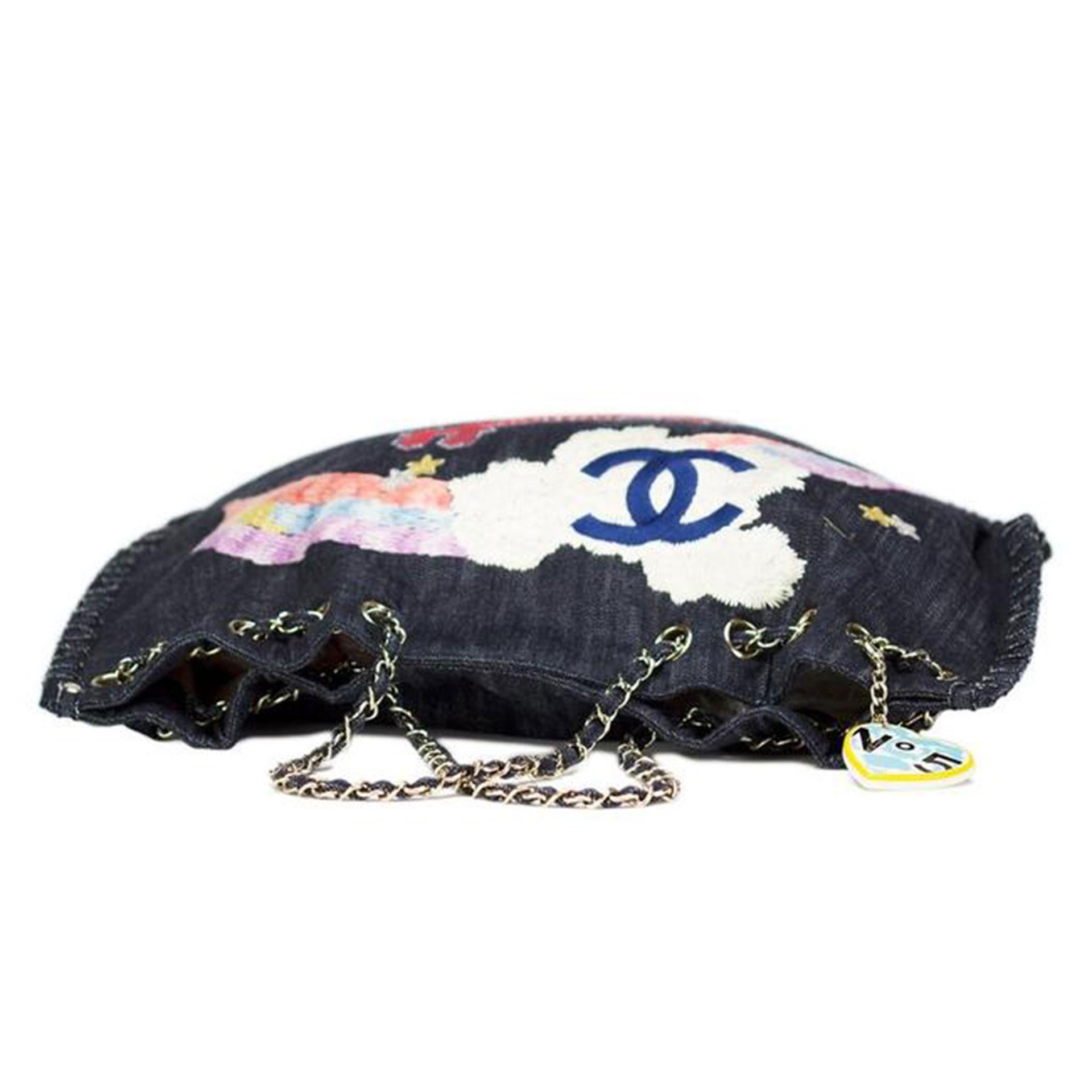 Black Chanel 2006 Rare Vintage Heart Charm Mixed Media Rainbow Blue Denim Tote Bag For Sale