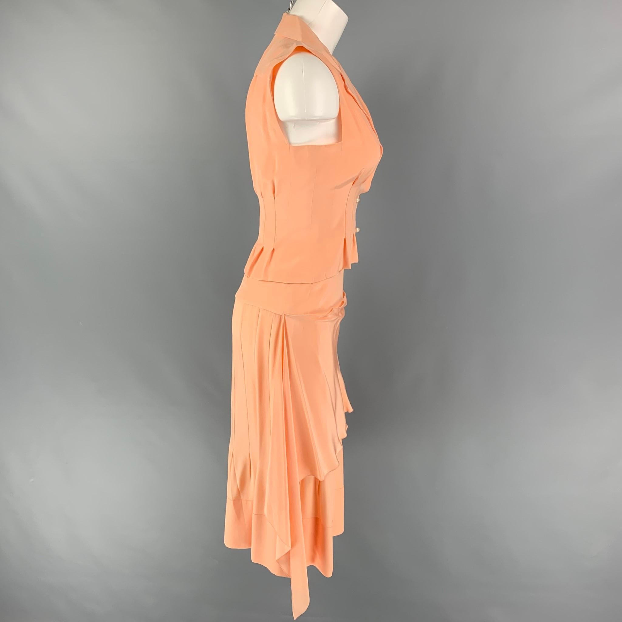 CHANEL AJ508 03P Size 4 Salmon Silk Notch Lapel Skirt Set In Good Condition In San Francisco, CA