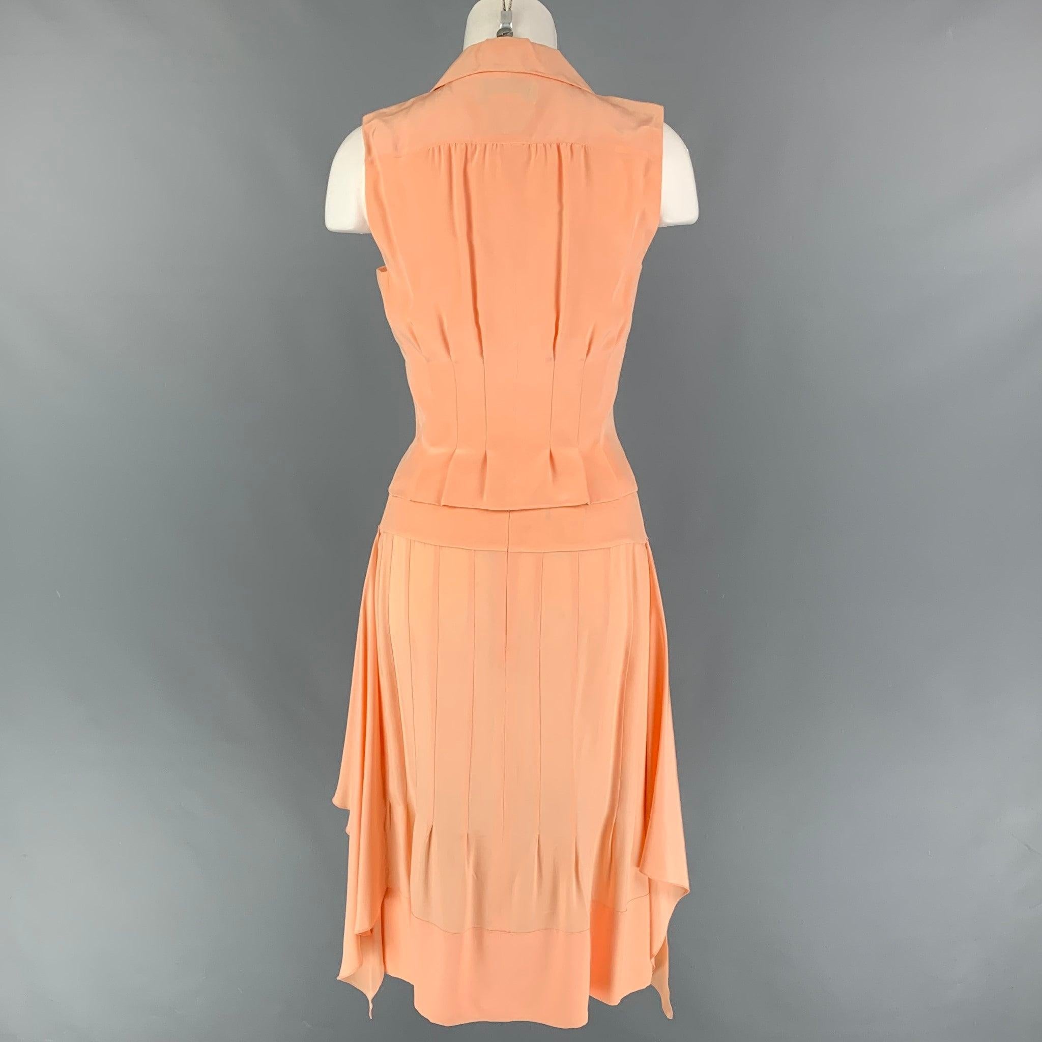 Women's CHANEL AJ508 03P Size 4 Salmon Silk Notch Lapel Skirt Set For Sale