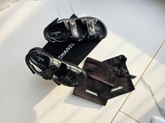Chanel All Black Quilted Dad Sandals Limited Metal CC Shoes Flat EU 39.5 US 9.5