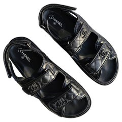 Chanel All Black Quilted Dad Sandals Limited Metal CC Shoes Flat EU 39.5 US 9.5