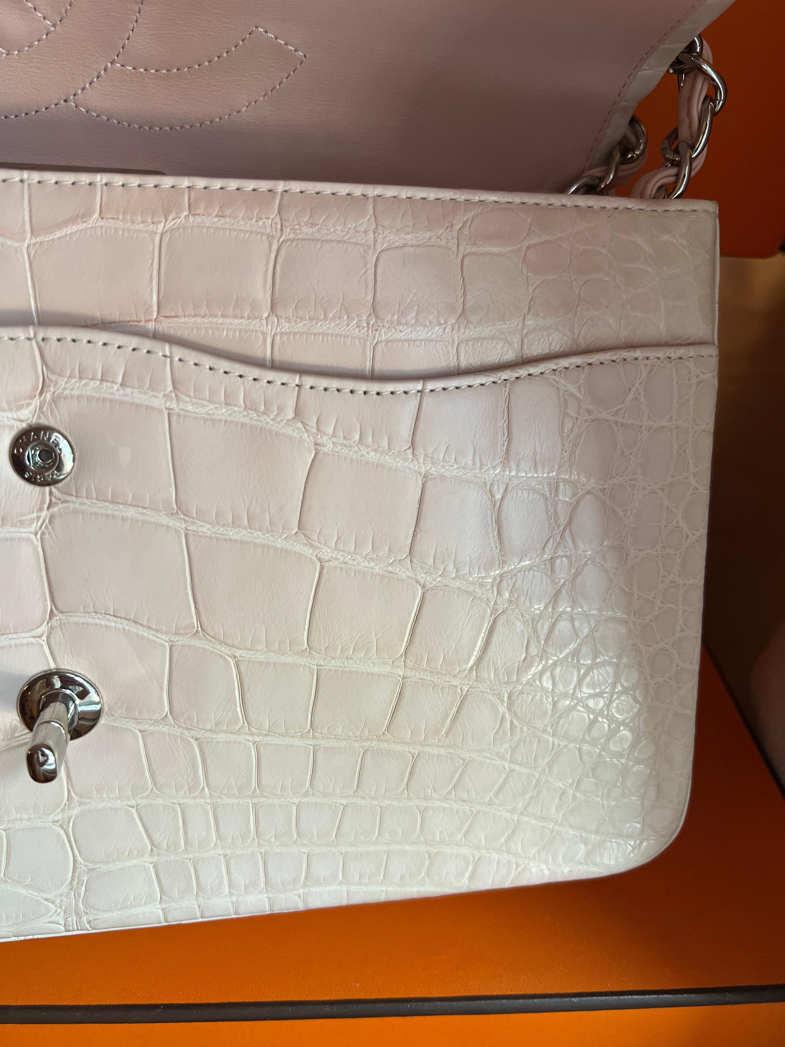 Chanel Alligator Beige Pink Double Flap Jumbo Bag SHW bag For Sale 10