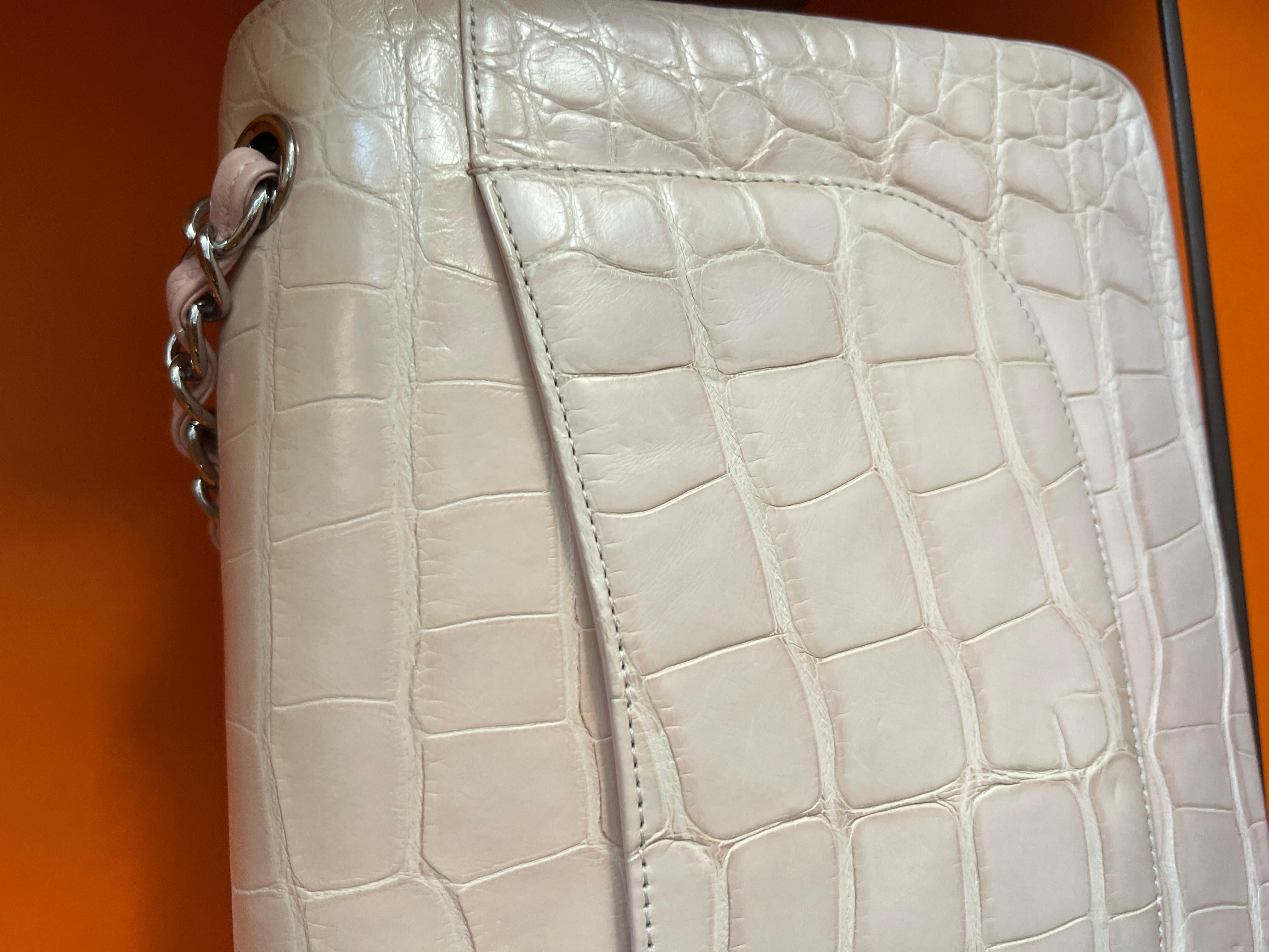 Chanel Alligator Beige Pink Double Flap Jumbo Bag SHW bag For Sale 13
