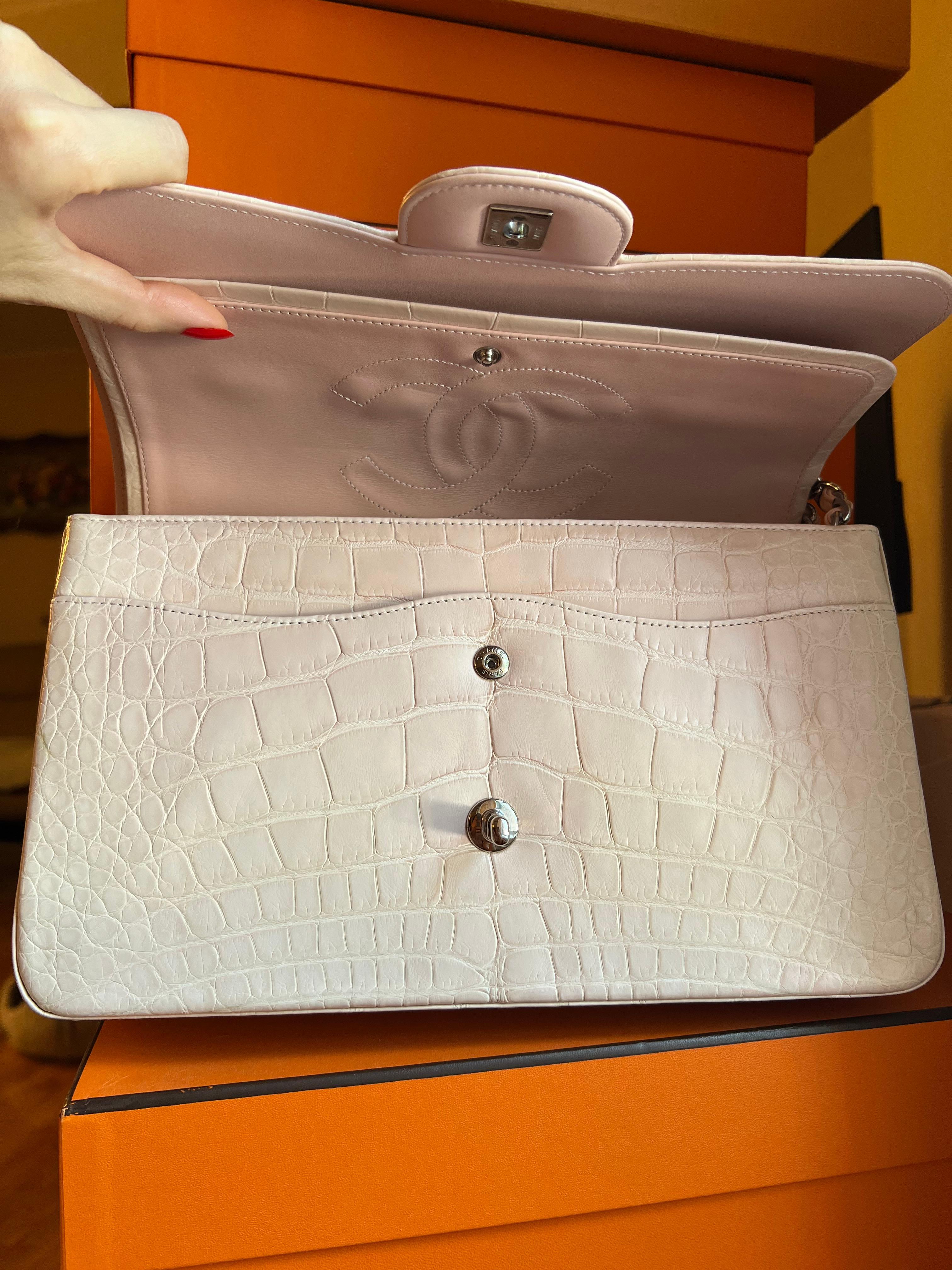 Chanel Alligator Beige Pink Double Flap Jumbo Bag SHW bag For Sale 14