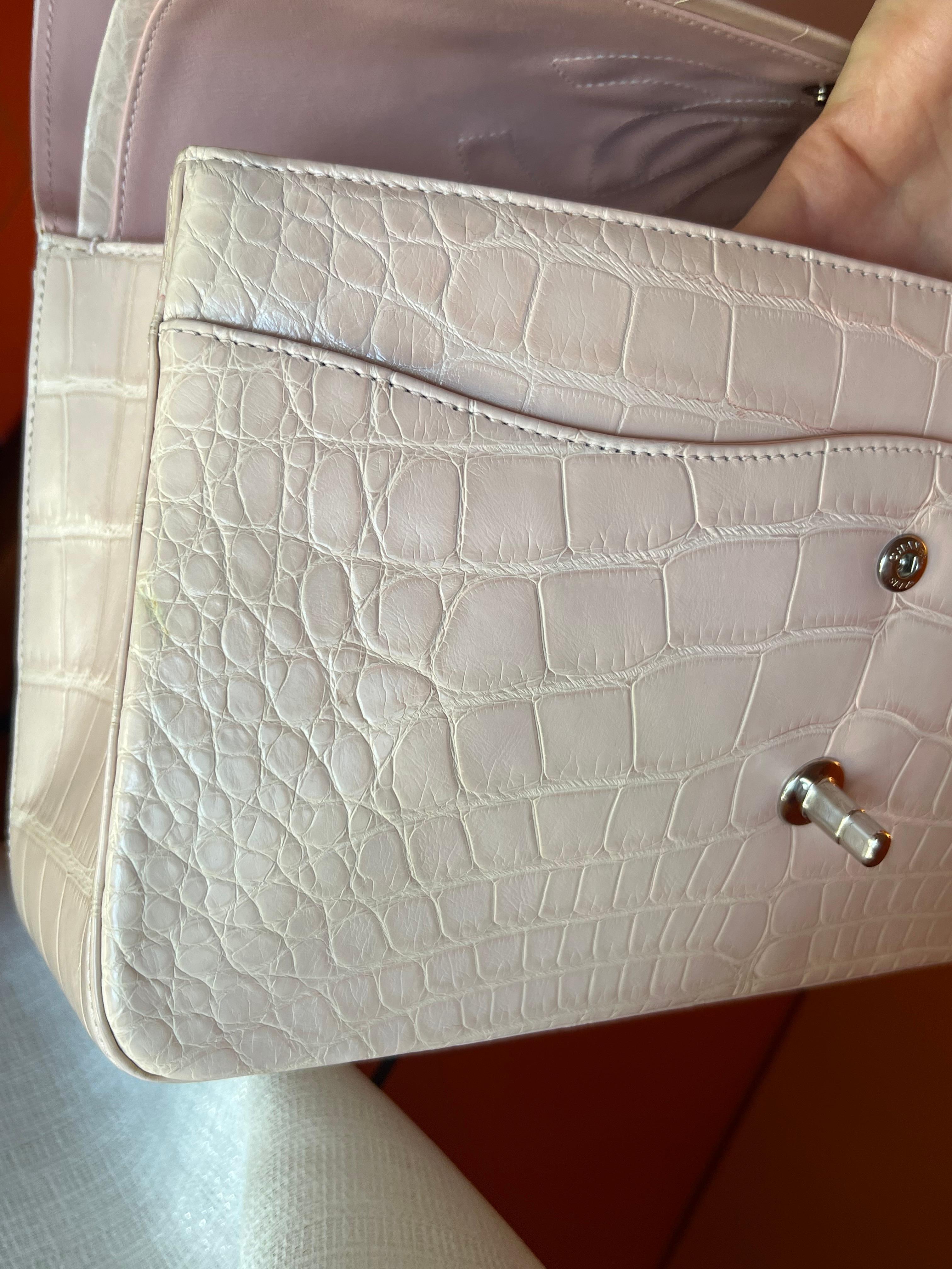 Chanel Alligator Beige Pink Double Flap Jumbo Bag SHW bag For Sale 15