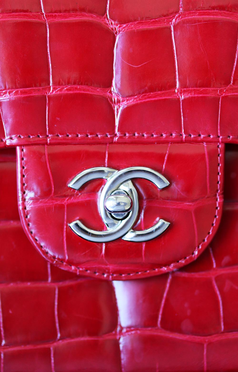 Red Chanel Alligator Jumbo Classic Double Flap Bag 