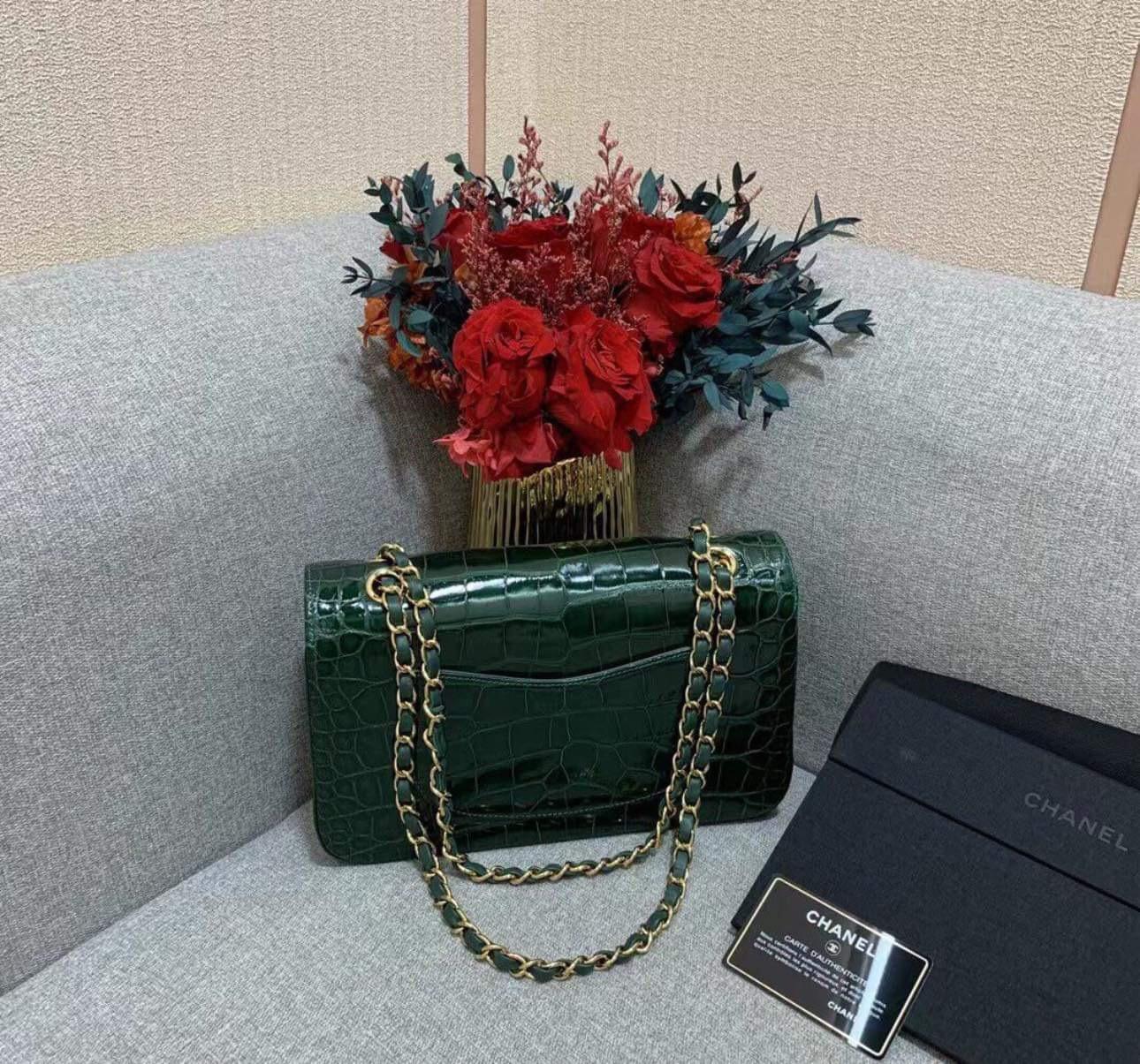 Women's or Men's Chanel Alligator Medium Emerald Double Flap Bag with Gold Hardware For Sale