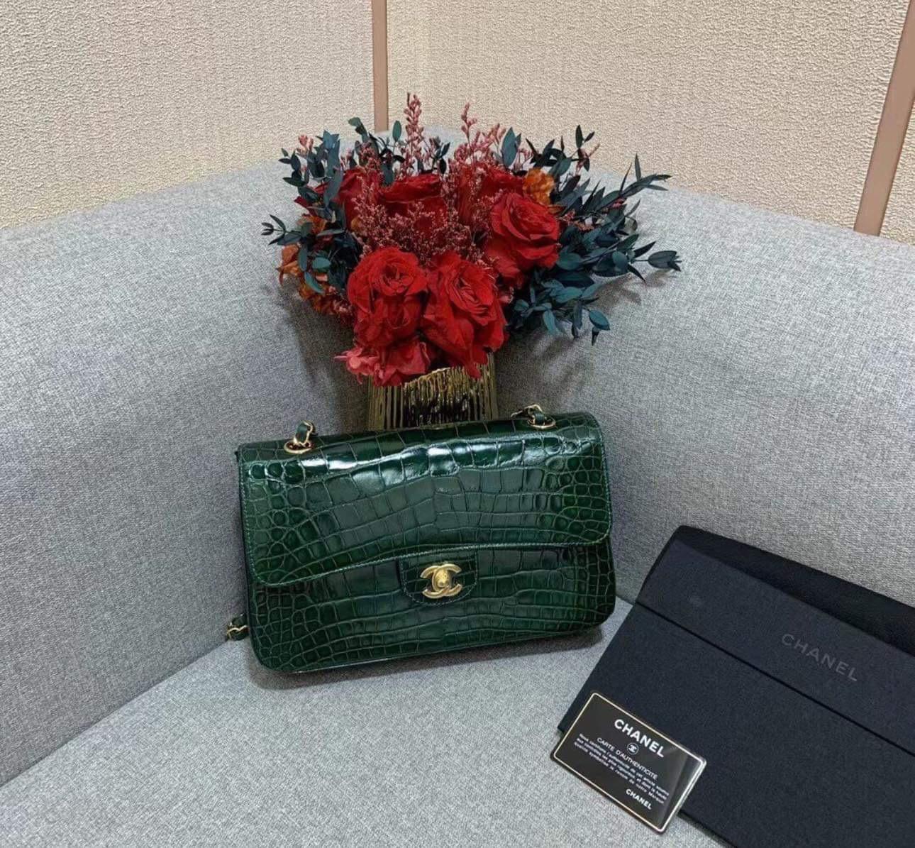Chanel Alligator Medium Emerald Double Flap Bag with Gold Hardware For Sale 1