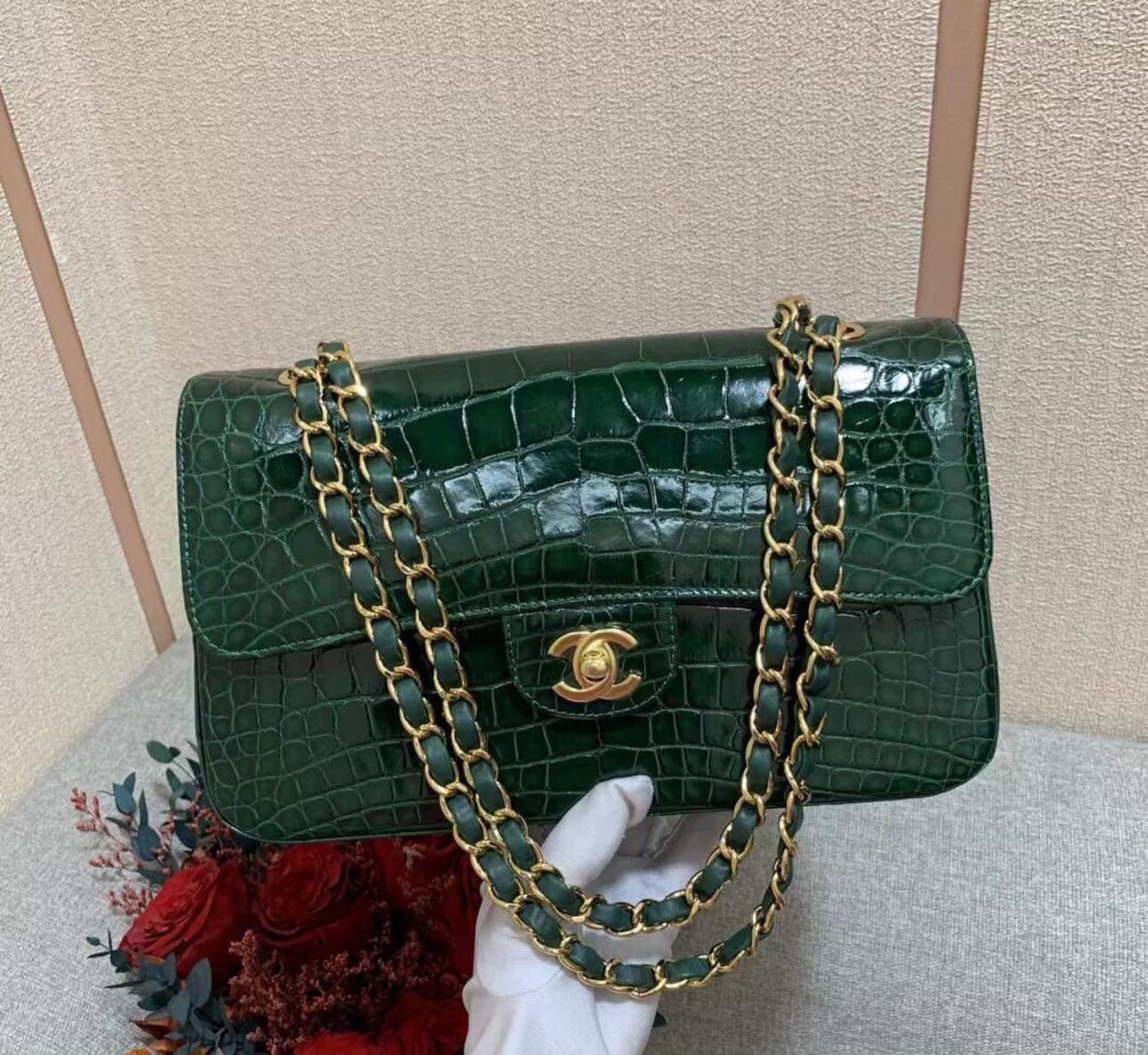 Chanel Alligator Medium Emerald Double Flap Bag with Gold Hardware For Sale 2