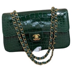 Chanel Alligator Medium Emerald Double Flap Bag with Gold Hardware