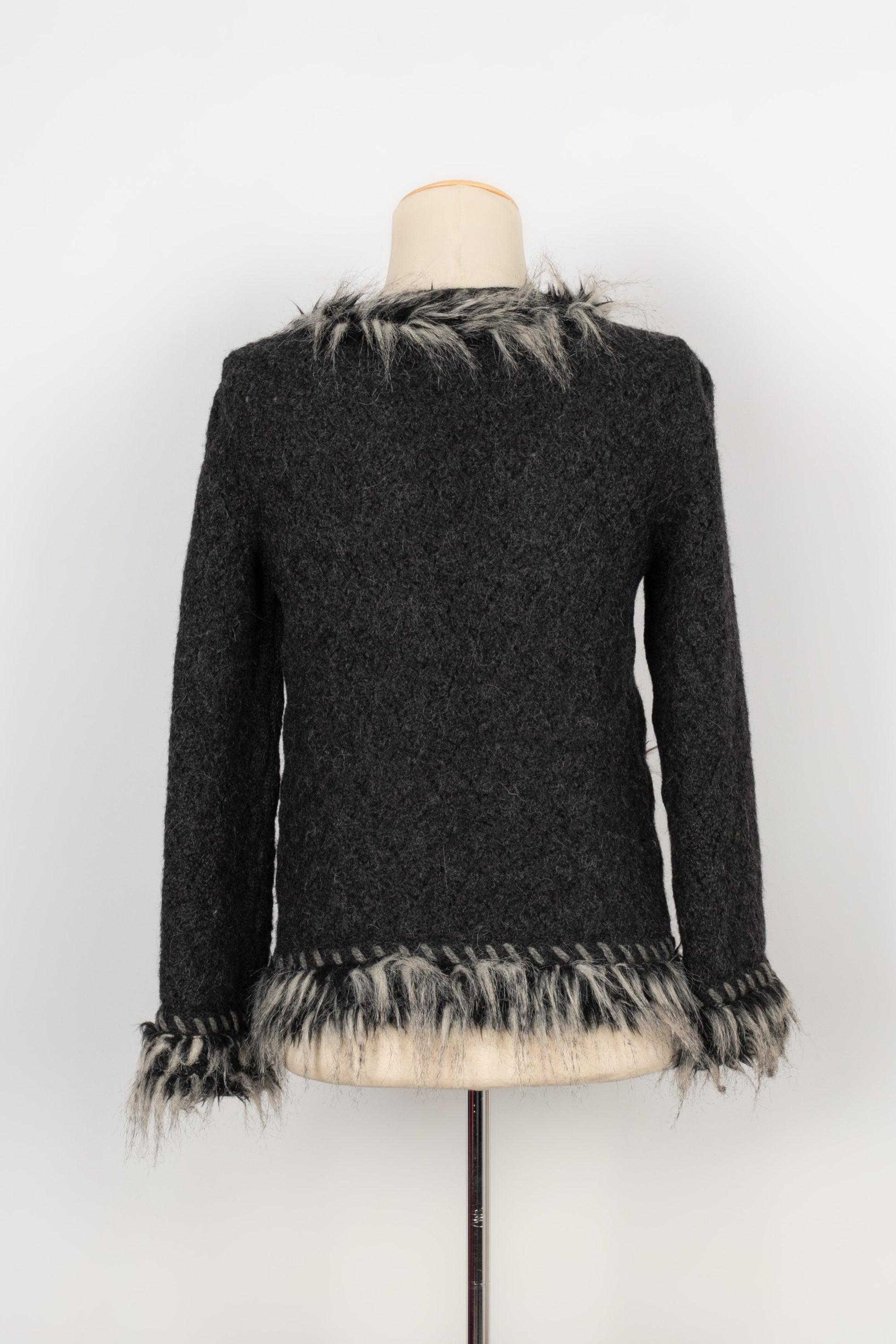 Gray Chanel Alpaca and Cashmere Jacket Embroidered with Faux Fur
