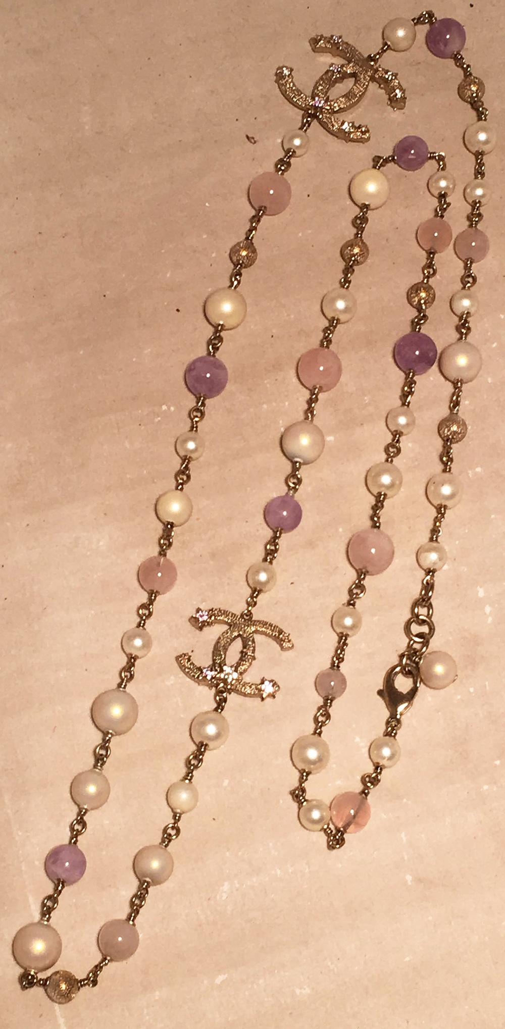 Chanel Amethyst Rose Quartz and Pearl Crystal CC Beaded Necklace In Excellent Condition In Philadelphia, PA