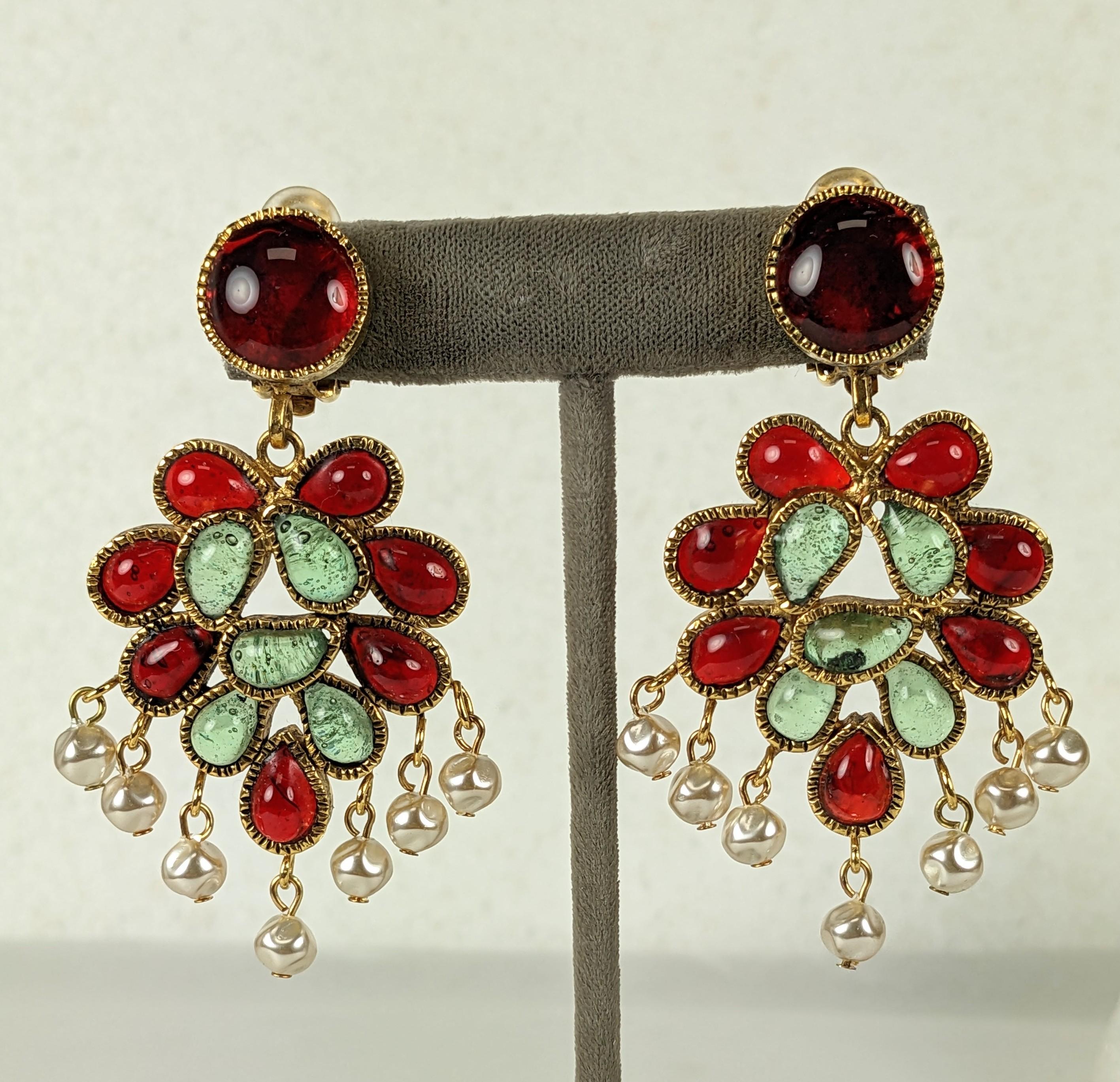 Elegant Chanel Anglo Indian Moghul Earrings from the 1990's made by Maison Gripoix. Dimensional design with hand poured glass in pale emerald and deep ruby to mimic gemstones, with faux baroque pearl drops. Chanel no longer produces these handmade