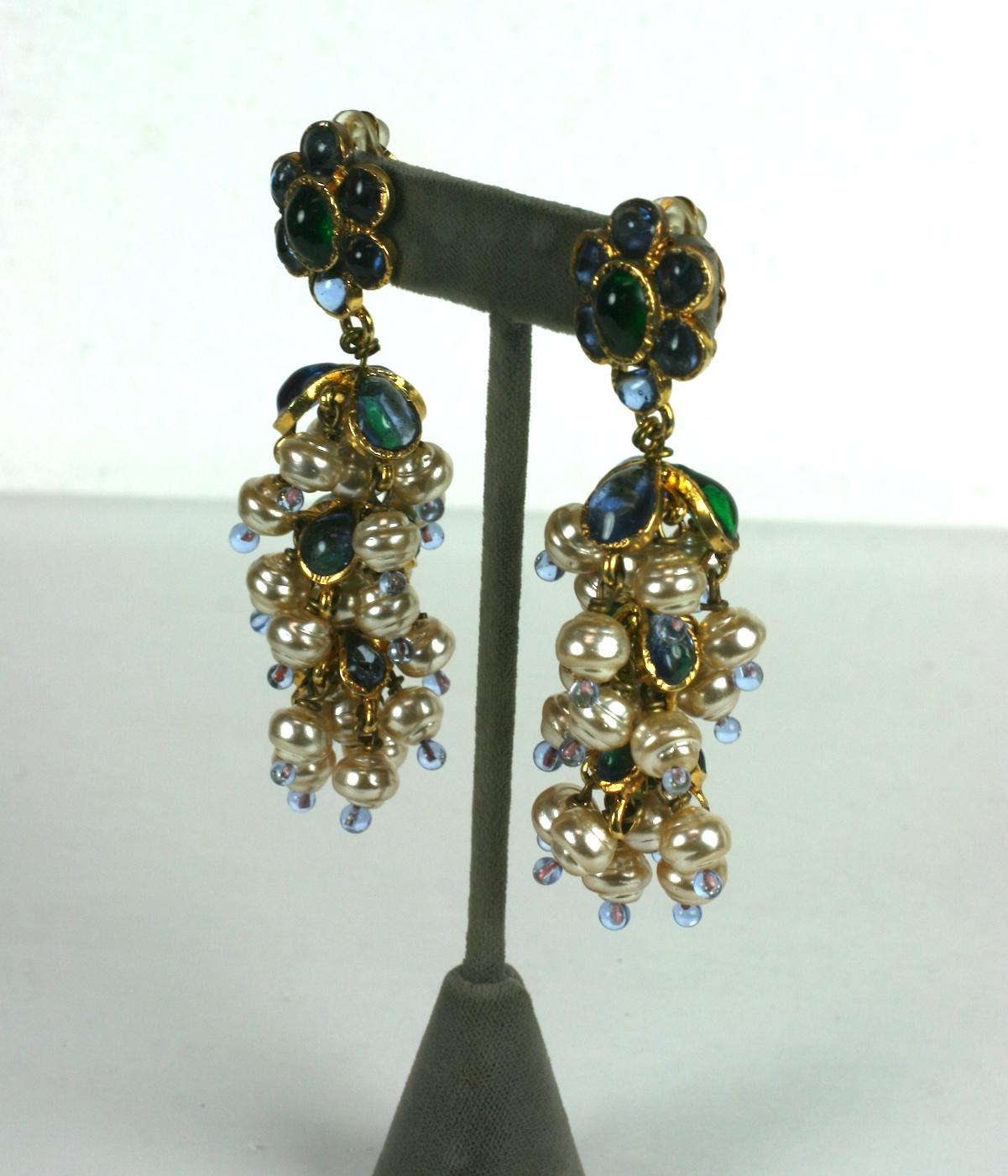 Long Anglo Indian styled earrings by Chanel. Made by hand by Maison Gripoix in Paris. Sapphire and emerald molten glass is 