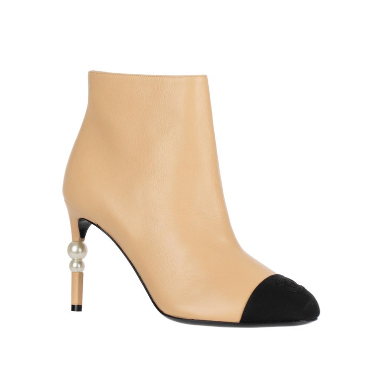 Chanel Ankle Boots Beige and Black With Pearl Details 38.5 FR at 1stDibs
