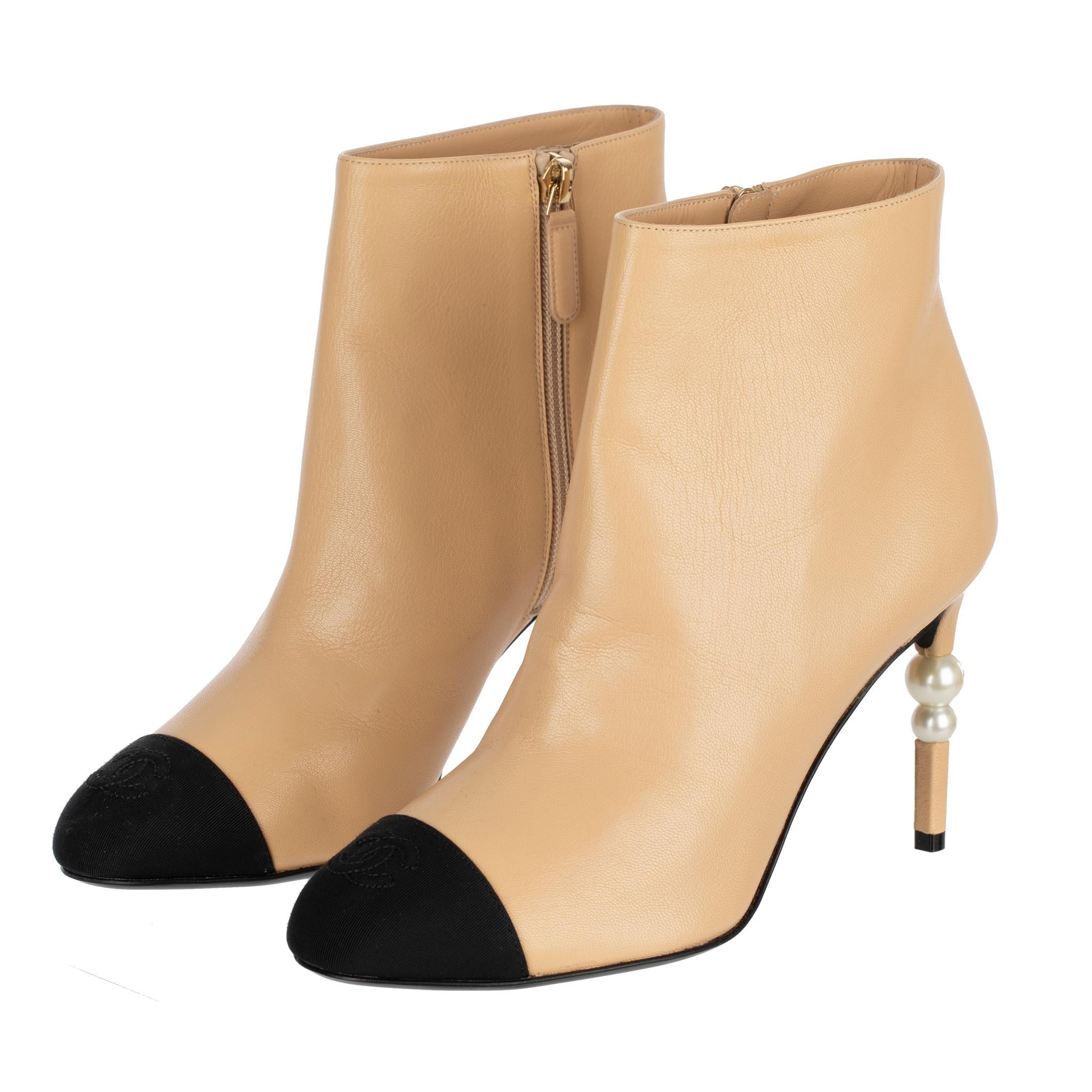Chanel Ankle Boots Beige & Black With Pearl Details 38.5 FR In New Condition In DOUBLE BAY, NSW