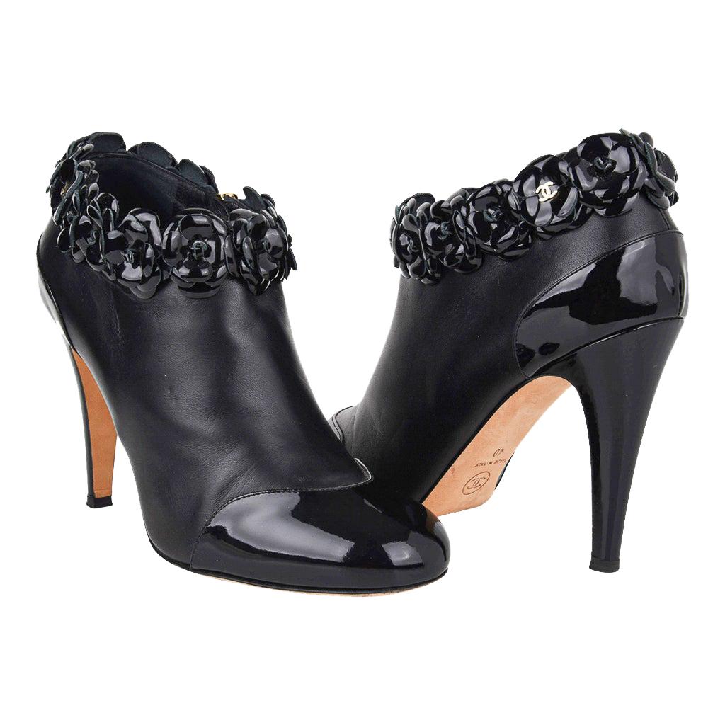 Chanel Black Leather Pumps with Camellia at 1stDibs