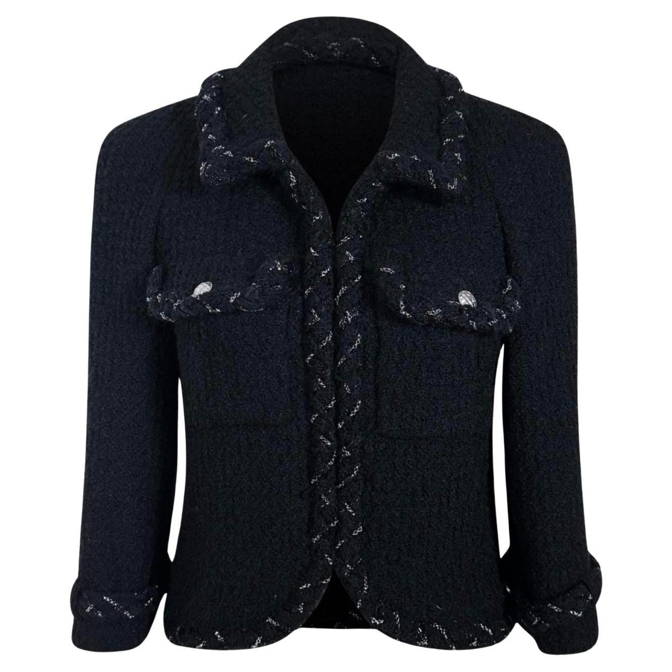 Chaqueta de tweed negra con adornos de cadenas estilo Chanel Anna Wintour 38 FR en venta
