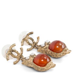 CHANEL antique gold & orange resin 2018 GREECE CC OWL Drop Earrings
