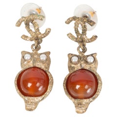 CHANEL antique gold & orange resin 2018 GREECE CC OWL Drop Earrings