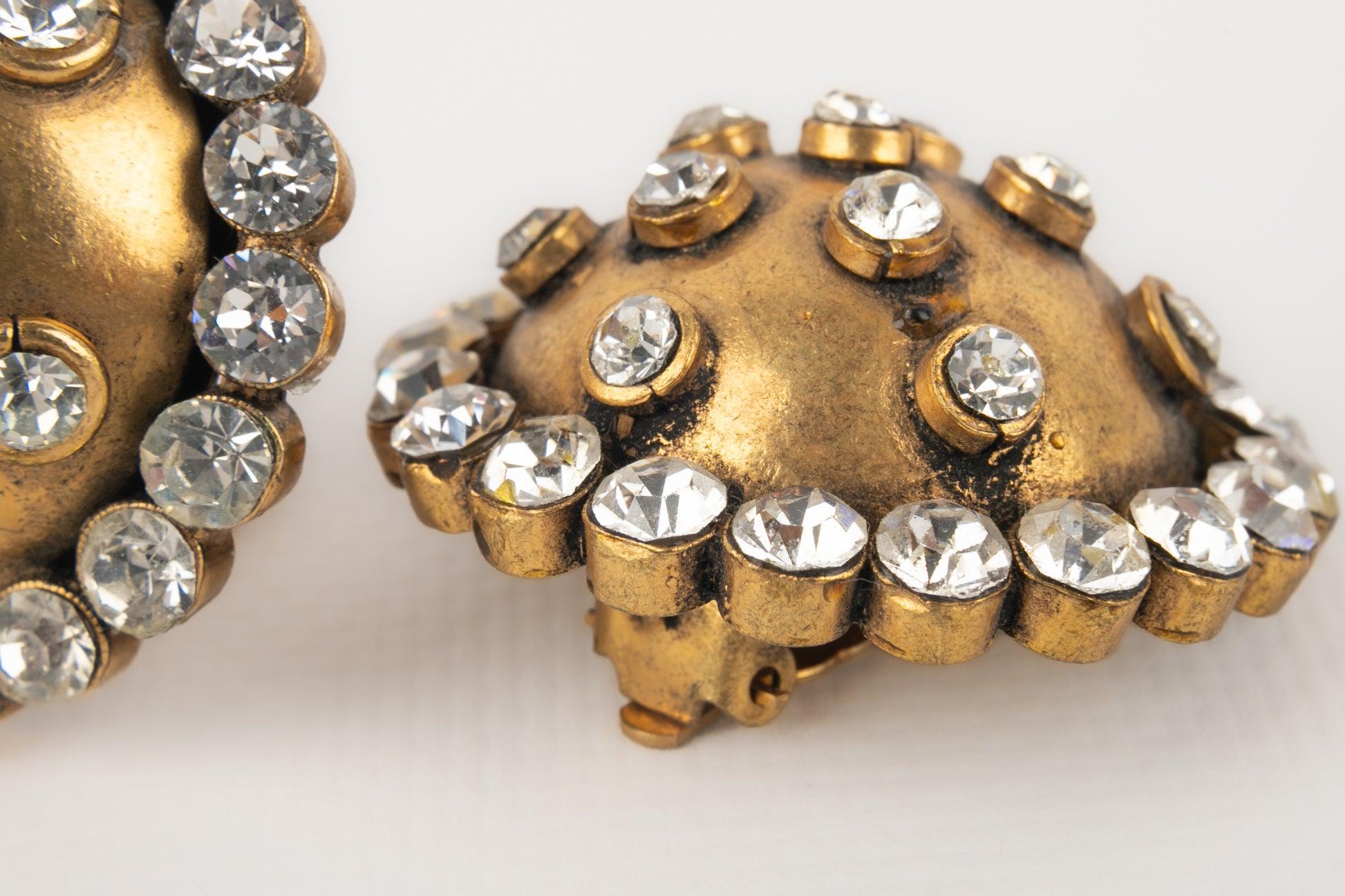 Women's Chanel Antique-Golden Metal Clip-on Earrings Ornamented with Rhinestones