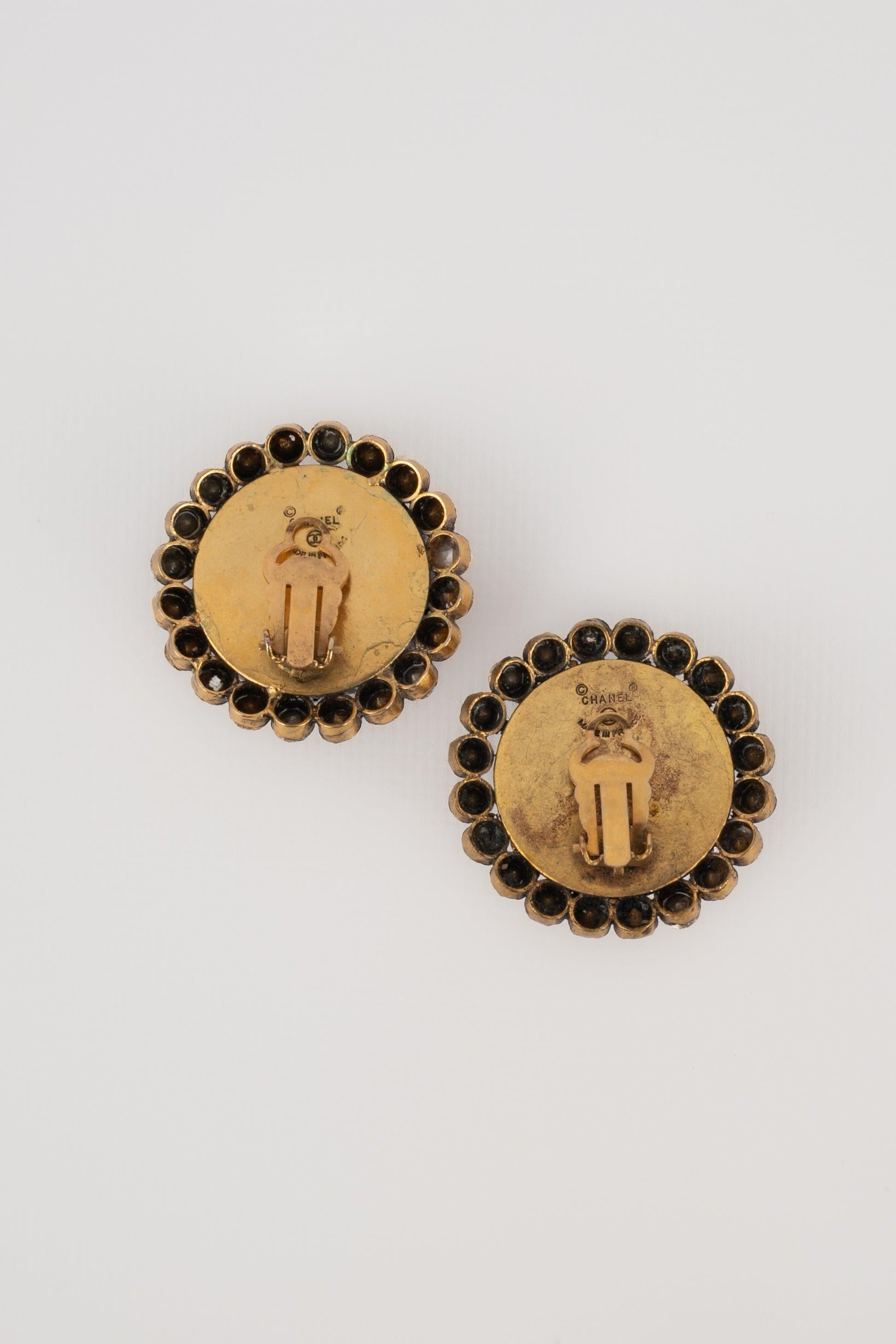 Chanel Antique-Golden Metal Clip-on Earrings Ornamented with Rhinestones 1