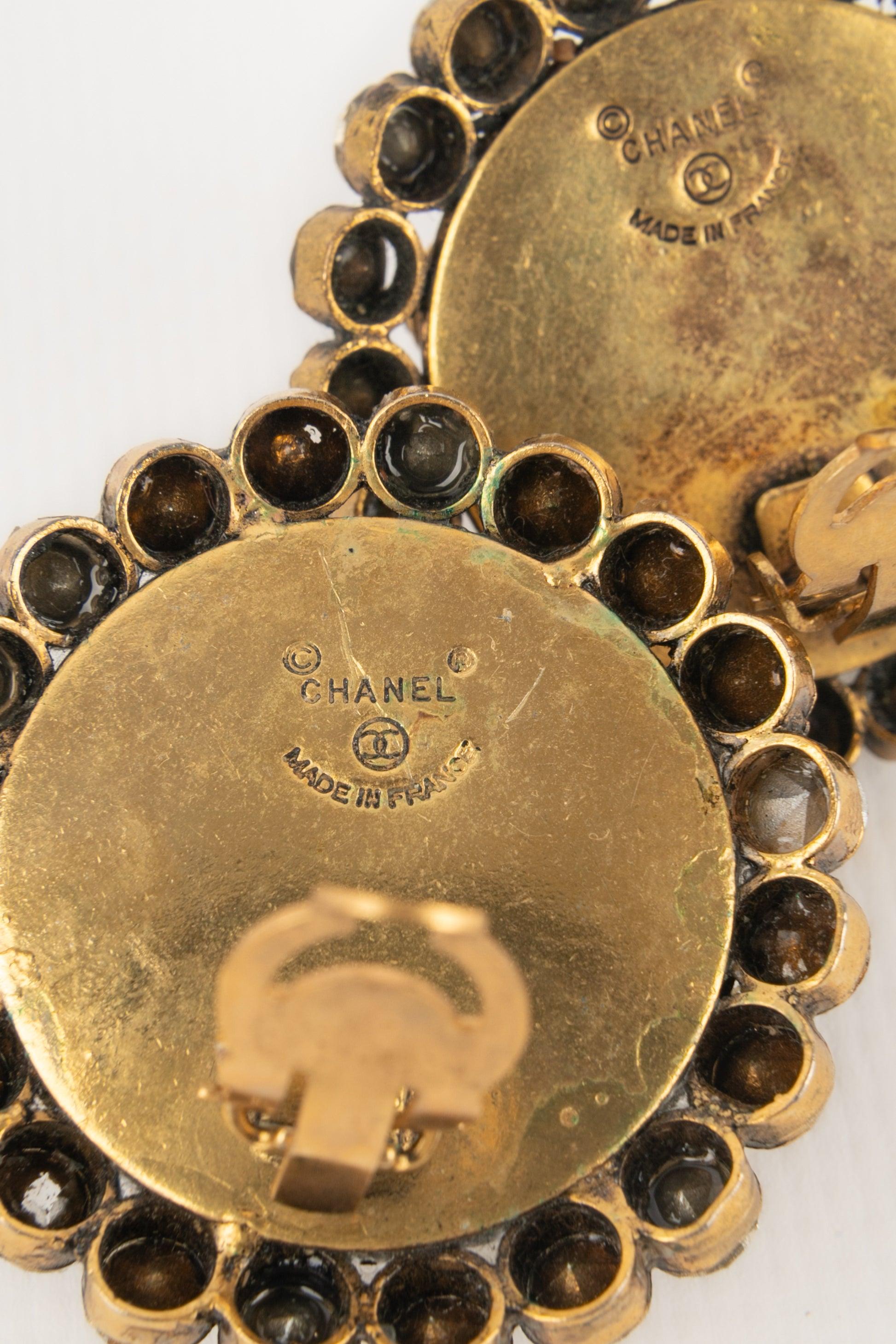 Chanel Antique-Golden Metal Clip-on Earrings Ornamented with Rhinestones 2