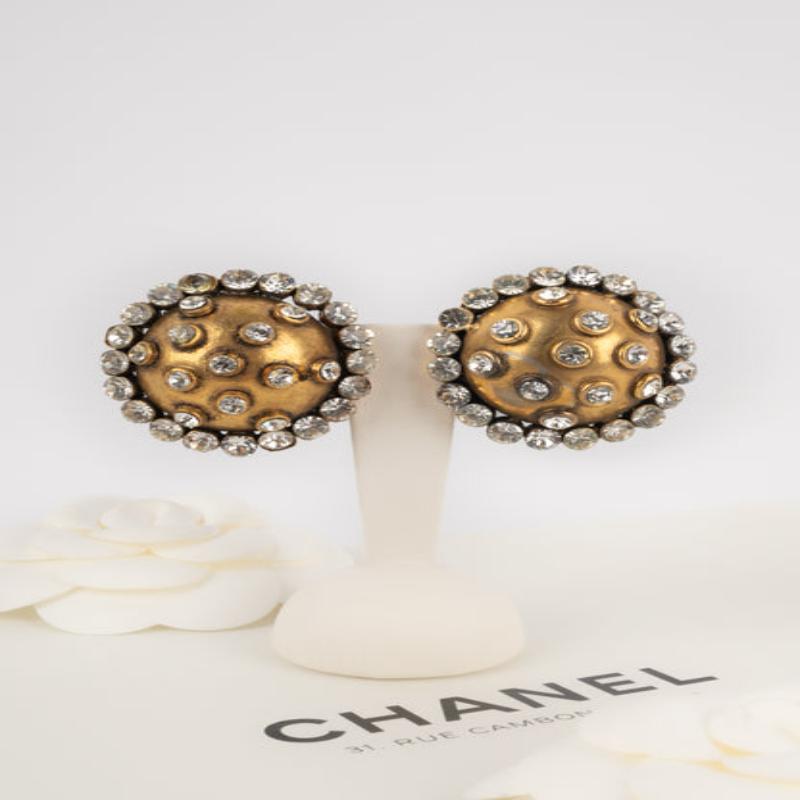 Chanel Antique-Golden Metal Clip-on Earrings Ornamented with Rhinestones 3