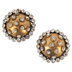 Chanel Antique-Golden Metal Clip-on Earrings Ornamented with Rhinestones