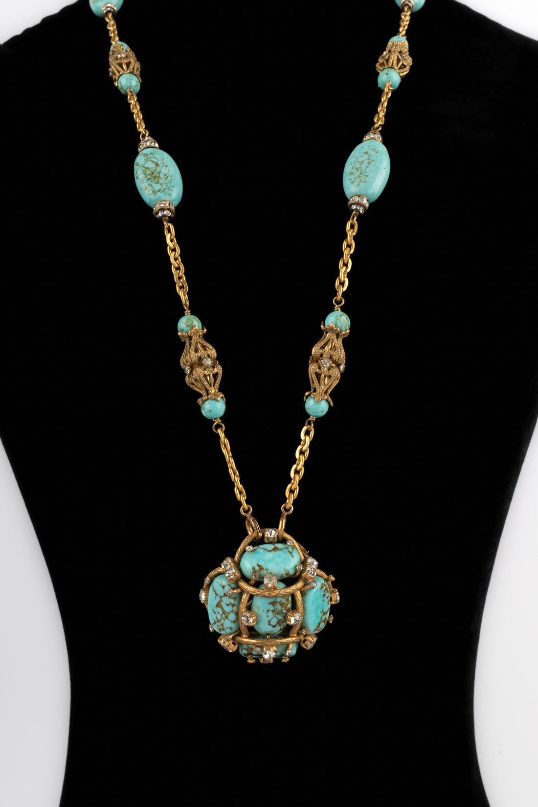 Chanel Antique Turquoise Golden Metal Pendant Necklace In Excellent Condition For Sale In SAINT-OUEN-SUR-SEINE, FR